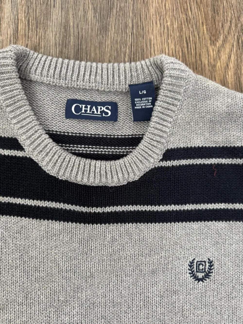 Chaps Men's Gray & Navy Striped Crewneck Sweater 100% Cotton